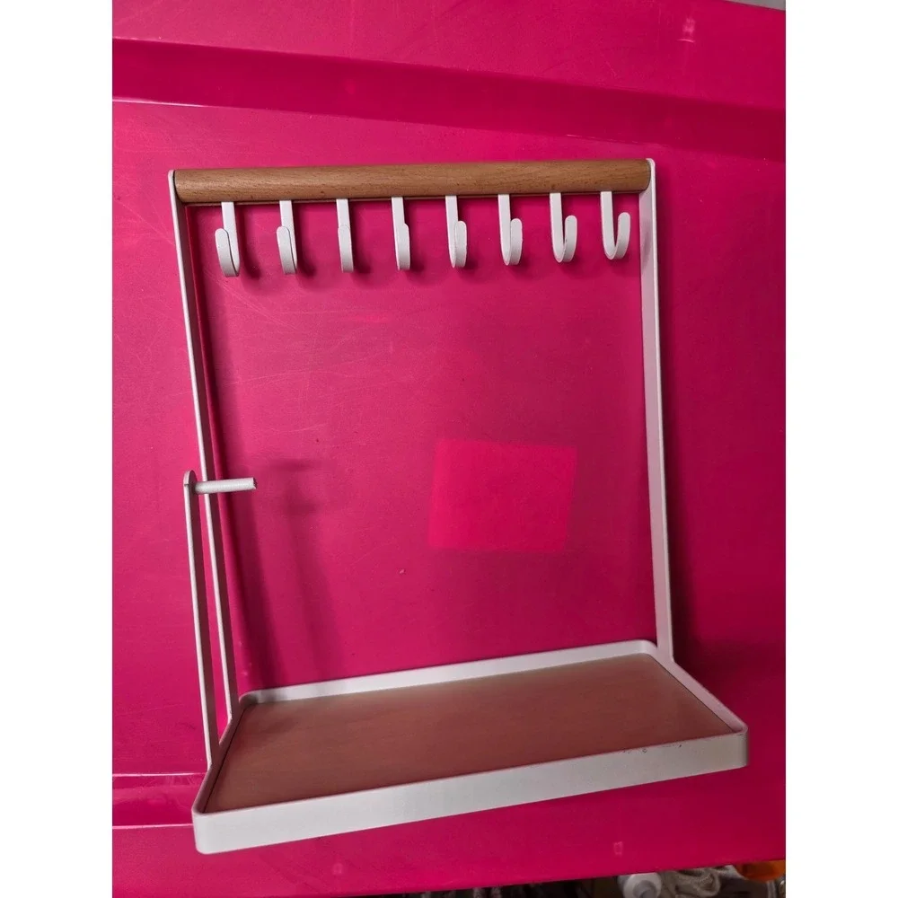Modern White Metal and Wood Jewelry Stand Organizer‎ with 8 Hooks and Tray